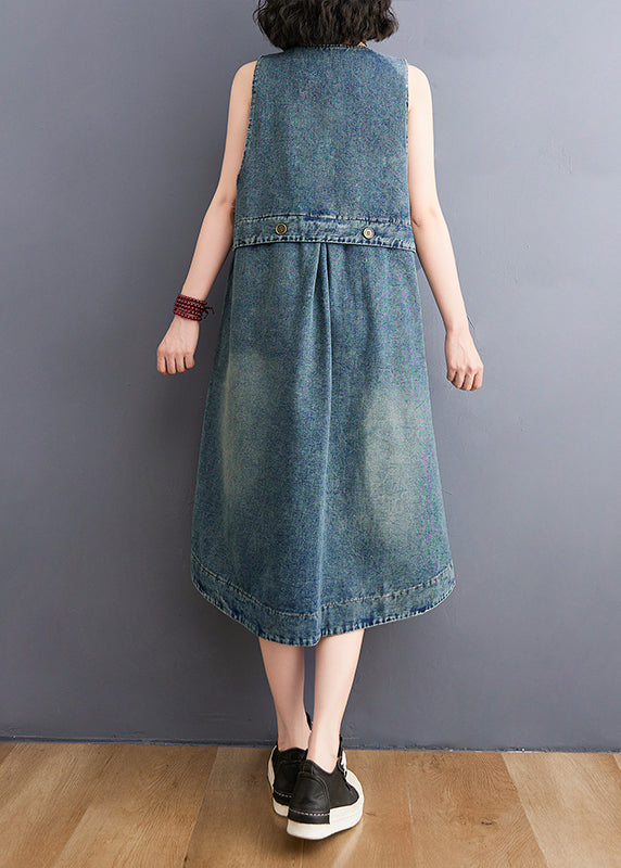 Diy Blue V Neck Pockets Cotton Denim a Line Dresses Sleeveless
