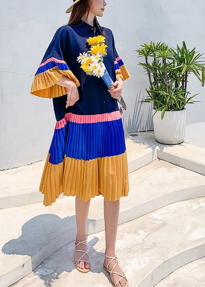 Diy Blue Yellow Patchwork Turn-down Collar Summer Holiday Dress