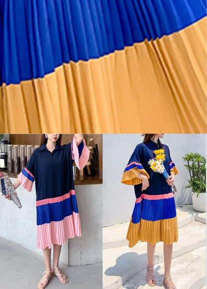 Diy Blue Yellow Patchwork Turn-down Collar Summer Holiday Dress