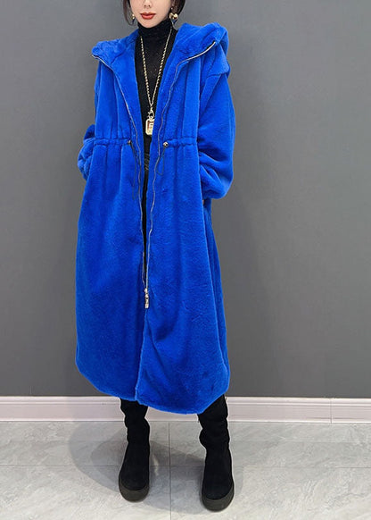 Diy Blue Zippered Hooded Drawstring Fuzzy Fur Fluffy Long Coats Winter