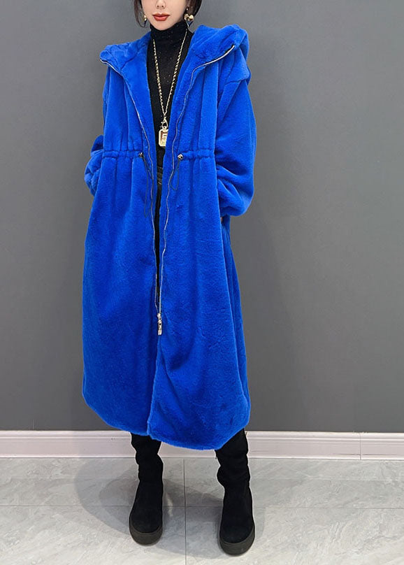 Diy Blue Zippered Hooded Drawstring Fuzzy Fur Fluffy Long Coats Winter