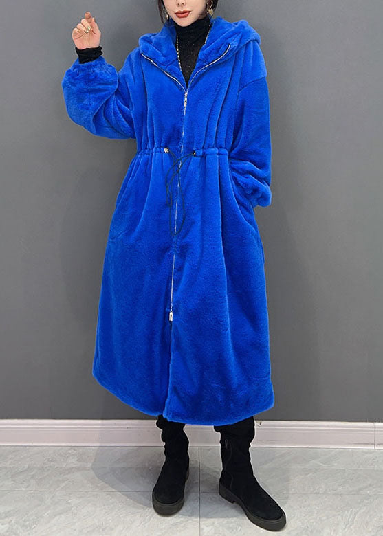 Diy Blue Zippered Hooded Drawstring Fuzzy Fur Fluffy Long Coats Winter