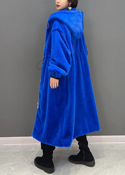 Diy Blue Zippered Hooded Drawstring Fuzzy Fur Fluffy Long Coats Winter
