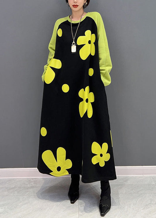 Diy Colorblock O Neck Cotton Long Dress Spring