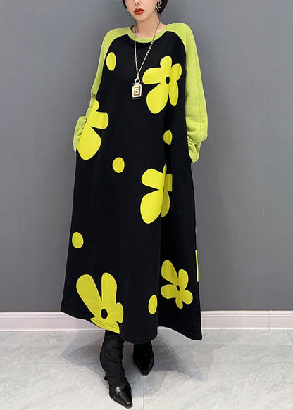 Diy Colorblock O Neck Cotton Long Dress Spring