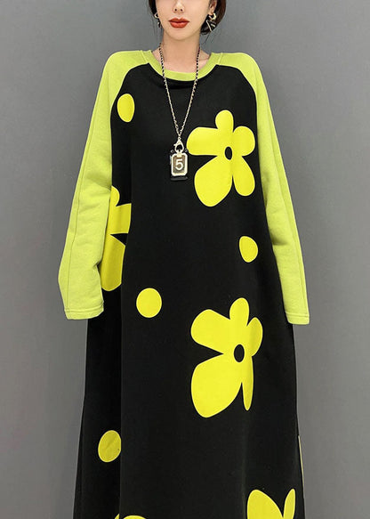 Diy Colorblock O Neck Cotton Long Dress Spring
