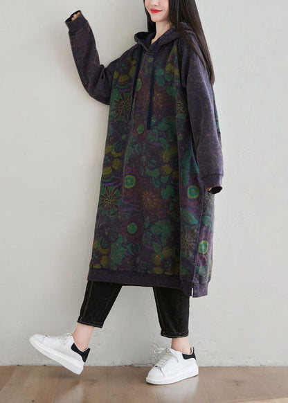 Diy Dark Blue Side Open Drawstring Hooded Loose Sweatshirt Dresses Spring