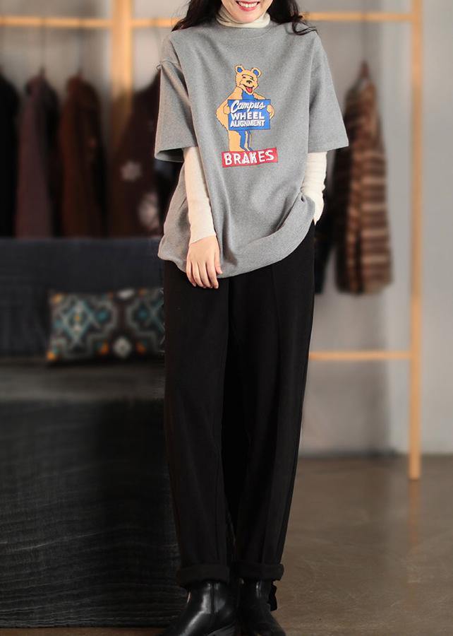 Diy Dark Gray Animal Design Shirts O Neck Oversized Spring Blouse
