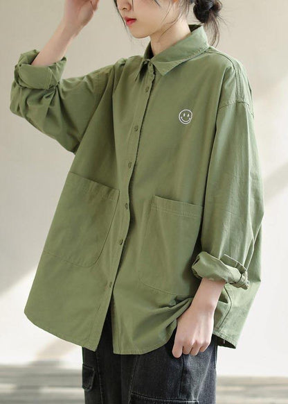 Diy Green Smiling Face Tunic Lapel Pockets Baggy Spring Shirts