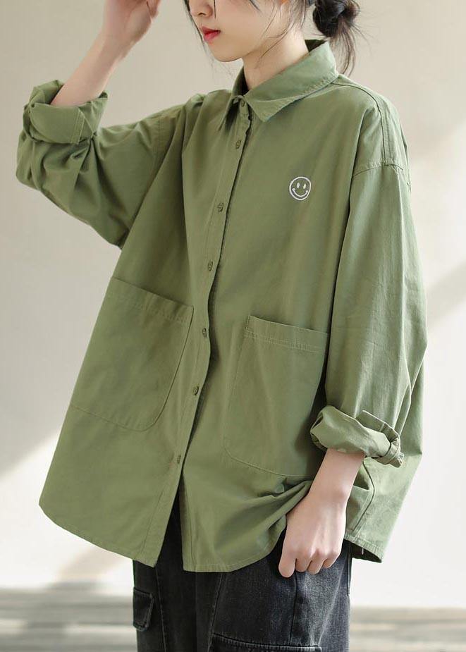 Diy Green Smiling Face Tunic Lapel Pockets Baggy Spring Shirts