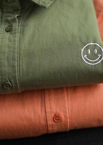Diy Green Smiling Face Tunic Lapel Pockets Baggy Spring Shirts