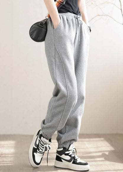 Diy Grey Elastic Waist Patchwork Warm Fleece Pants Winter