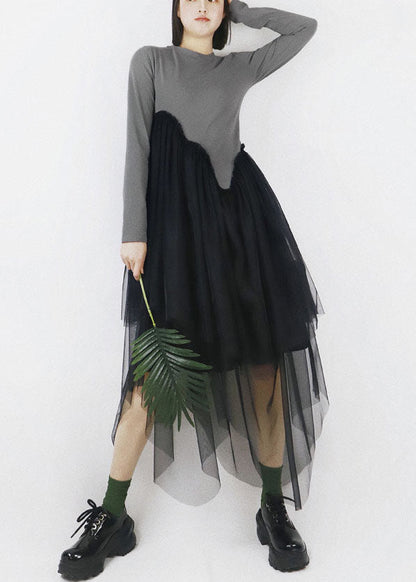 Diy Grey O-neck Tulle Patchwork Asymmetrical Design Cotton Vacation Dresses Long Sleeve