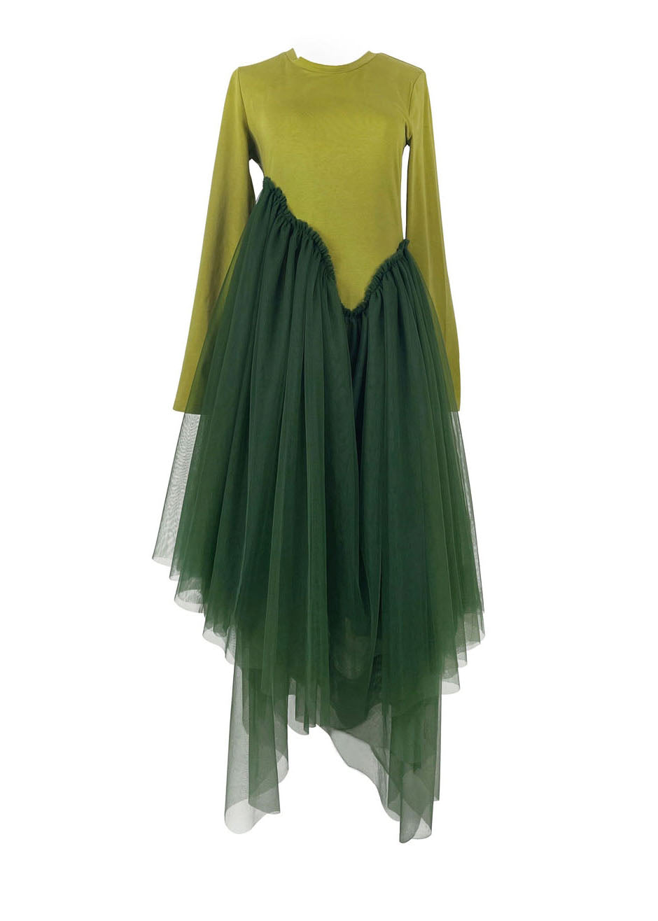 Diy Grey O-neck Tulle Patchwork Asymmetrical Design Cotton Vacation Dresses Long Sleeve