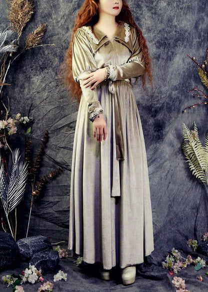 Diy Khaki Double-layer Tie Waist Silk Velour Long Dresses Spring