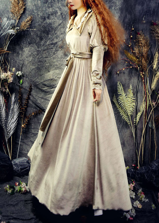 Diy Khaki Double-layer Tie Waist Silk Velour Long Dresses Spring