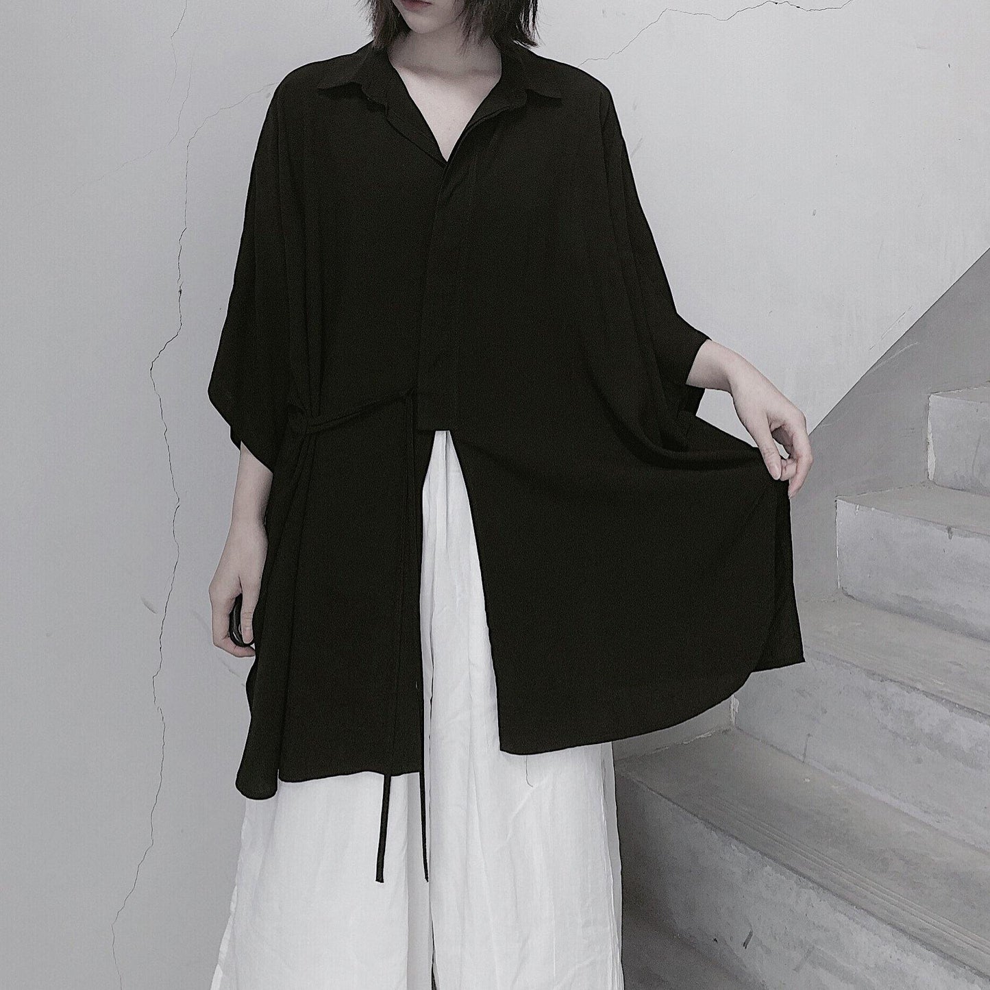 Diy Lapel Batwing Sleeve Blouses for Photography Black Top