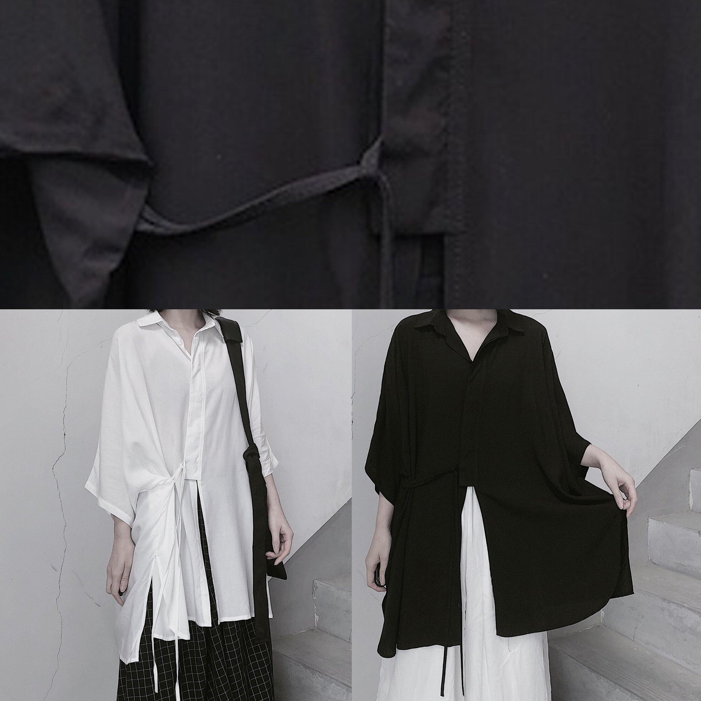 Diy Lapel Batwing Sleeve Blouses for Photography Black Top
