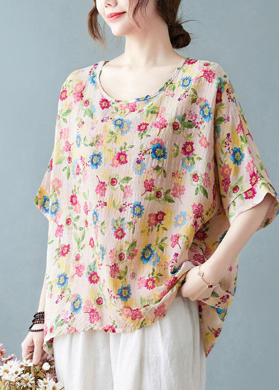 Diy Light Yellow O-neck Oversized Print Cotton Tanks Short Sleeve