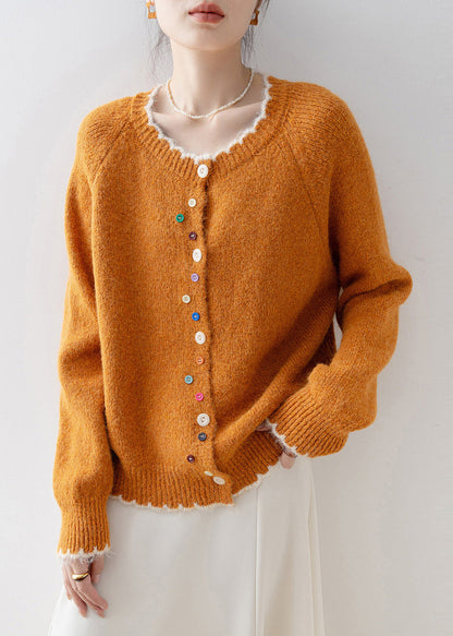 Diy Orange O-neck Multicolour Buttons Knit Cardigans Winter
