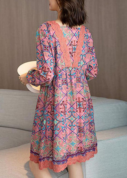 Diy Pink Lace Cinched Patchwork Print Chiffon a Line Dress Spring