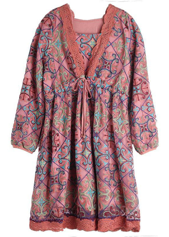Diy Pink Lace Cinched Patchwork Print Chiffon a Line Dress Spring
