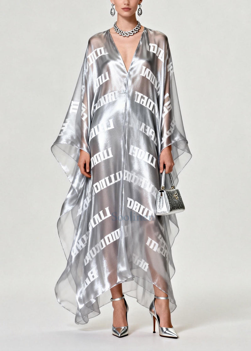 Diy Silvery Oversized Letter Print Chiffon Maxi Dress Summer