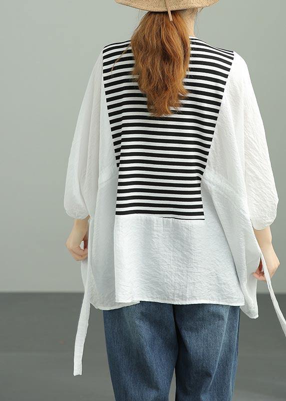 Diy White Patchwork Striped Tie Waist Cotton Summer Top