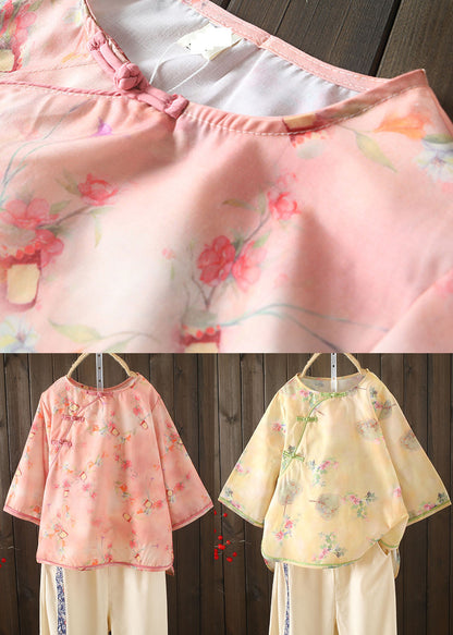 Diy Yellow O-neck Oriental Button Print Cotton Blouse Top Bracelet Sleeve