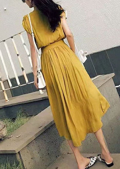 Diy Yellow O Neck Patchwork Tie Waist Cotton Dress Short Sleeve