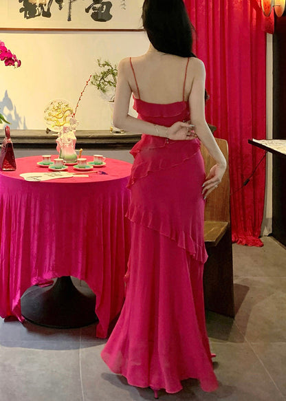 Dopamine Rose Red Ruffled Suspender Dress for Summer Wear