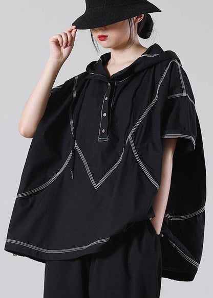 Drawstring Black Drawstring Cotton Blouses Summer