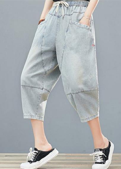Drawstring Personality Pocket Washed Jeans Elasticated Waist Cropped Pants
