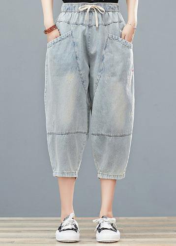 Drawstring Personality Pocket Washed Jeans Elasticated Waist Cropped Pants