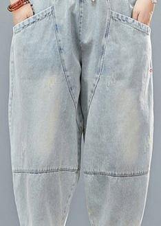 Drawstring Personality Pocket Washed Jeans Elasticated Waist Cropped Pants