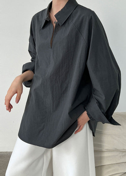 Dull Grey Cotton Loose Shirts Peter Pan Collar Spring