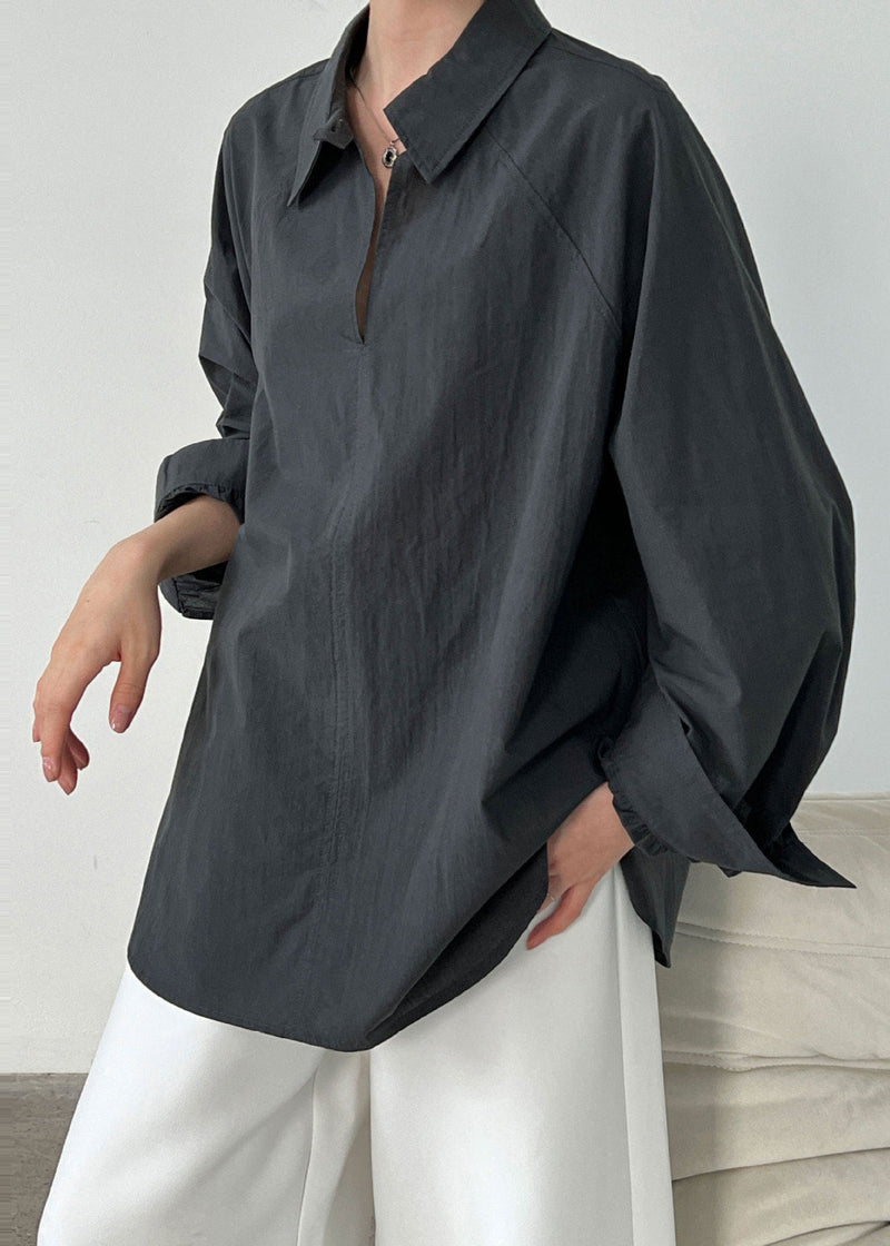 Dull Grey Cotton Loose Shirts Peter Pan Collar Spring