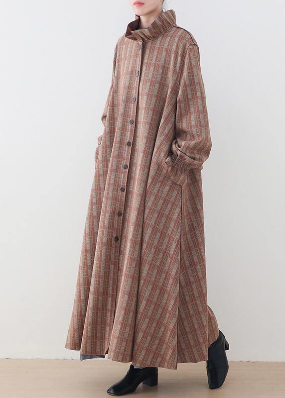 Medium Length Jackets Jacket Pink Plaid Stand Collar Button Down Wool Overcoat
