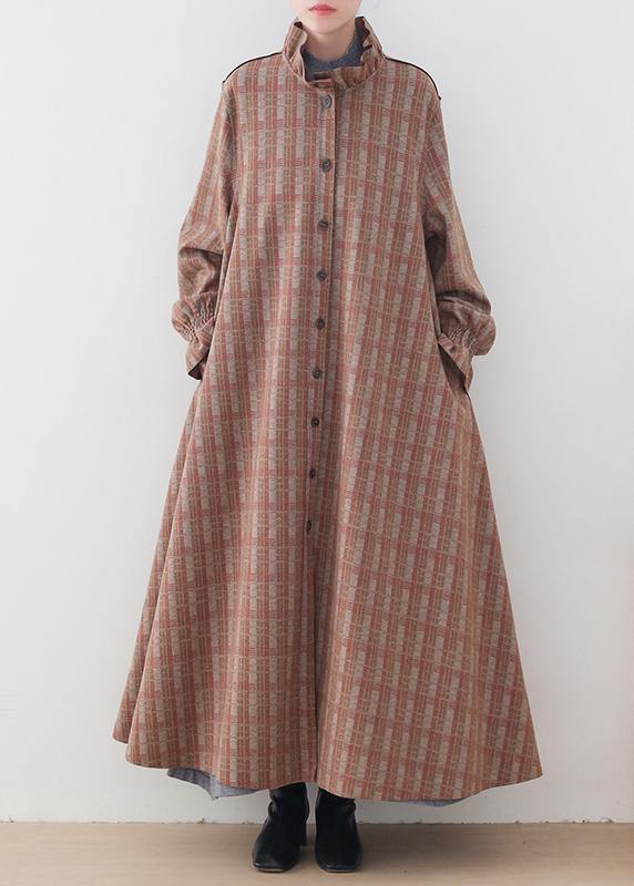 Medium Length Jackets Jacket Pink Plaid Stand Collar Button Down Wool Overcoat