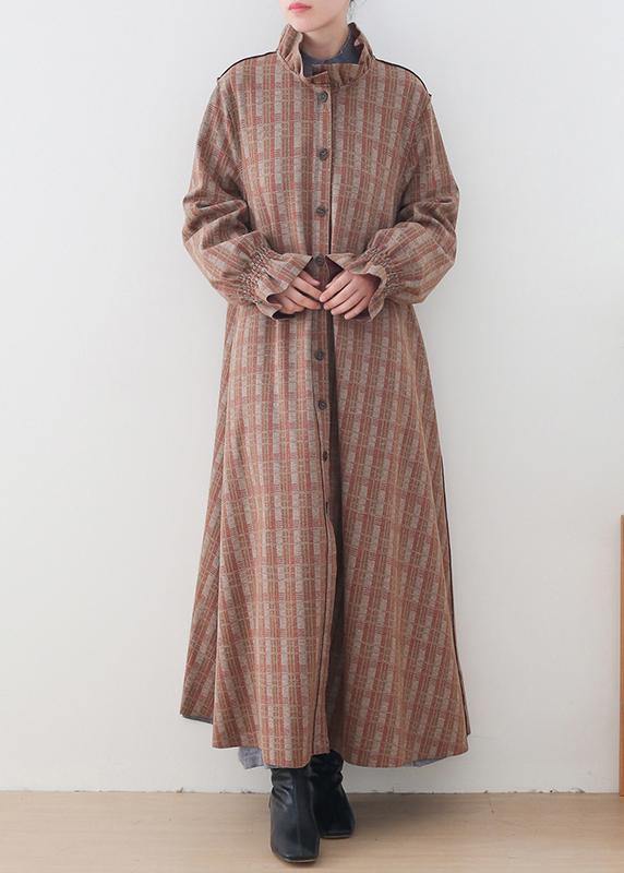 Medium Length Jackets Jacket Pink Plaid Stand Collar Button Down Wool Overcoat