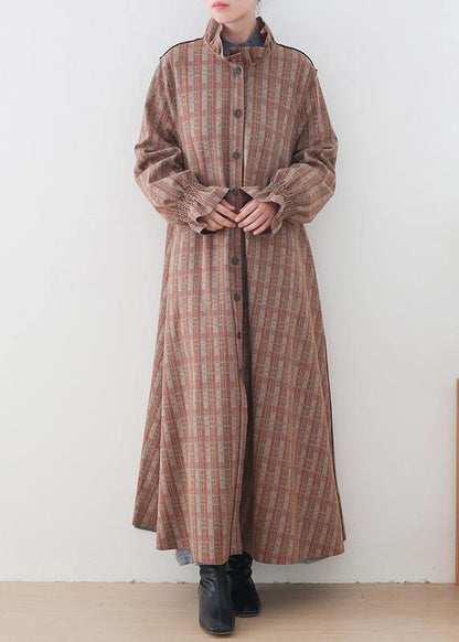 Medium Length Jackets Jacket Pink Plaid Stand Collar Button Down Wool Overcoat