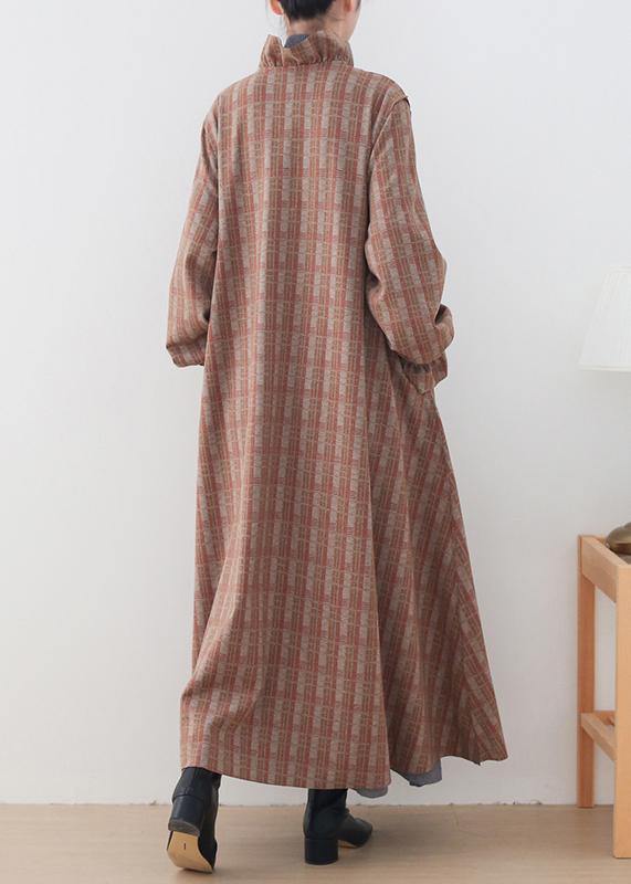 Medium Length Jackets Jacket Pink Plaid Stand Collar Button Down Wool Overcoat