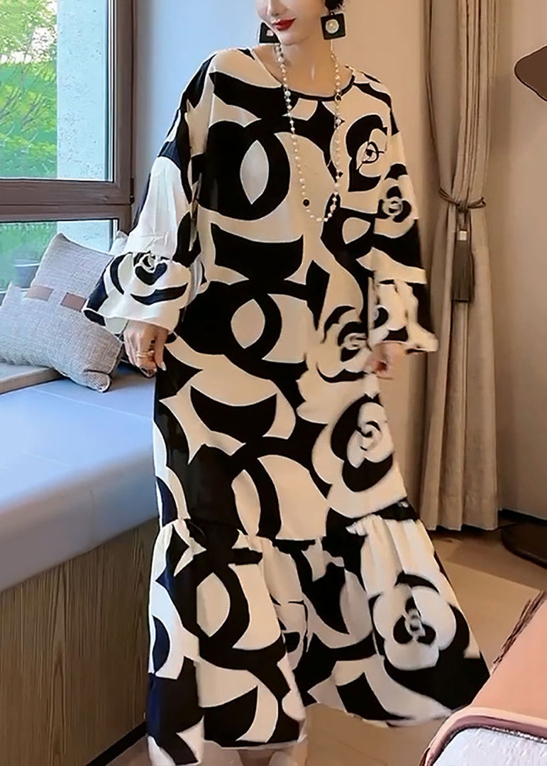 And Lazy Style Black and White Contrast Large Flower Pattern Satin Texture Dress Flare Sleeve