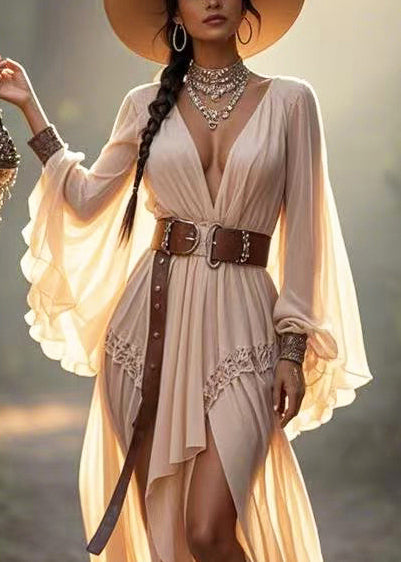 Apricot Asymmetrical Design Draping Vestidos Dress Flare Sleeve