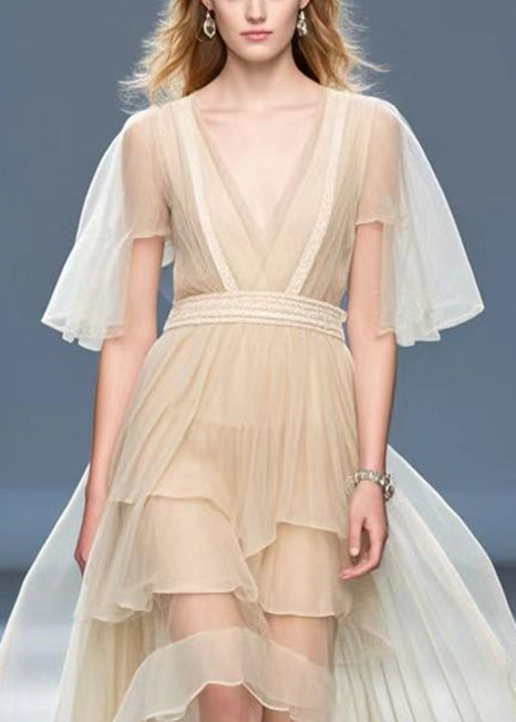 Apricot Asymmetrical Design Silk Holiday Dress Cloak Sleeves