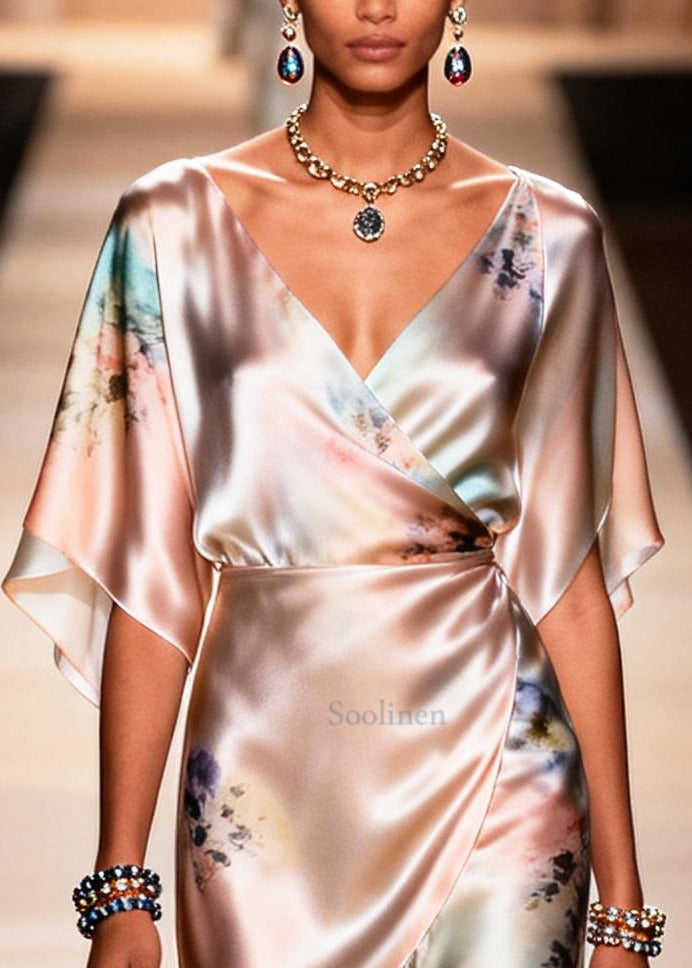 Apricot Asymmetrical Print Chiffon Party Dress Summer