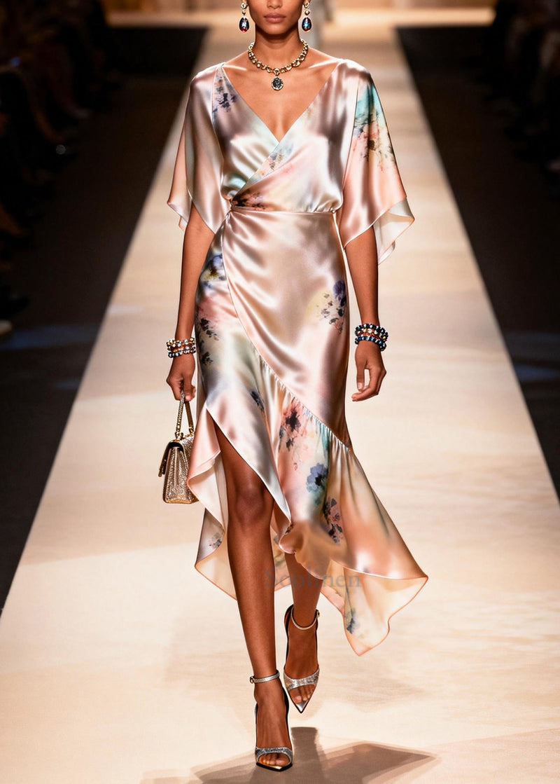 Apricot Asymmetrical Print Chiffon Party Dress Summer