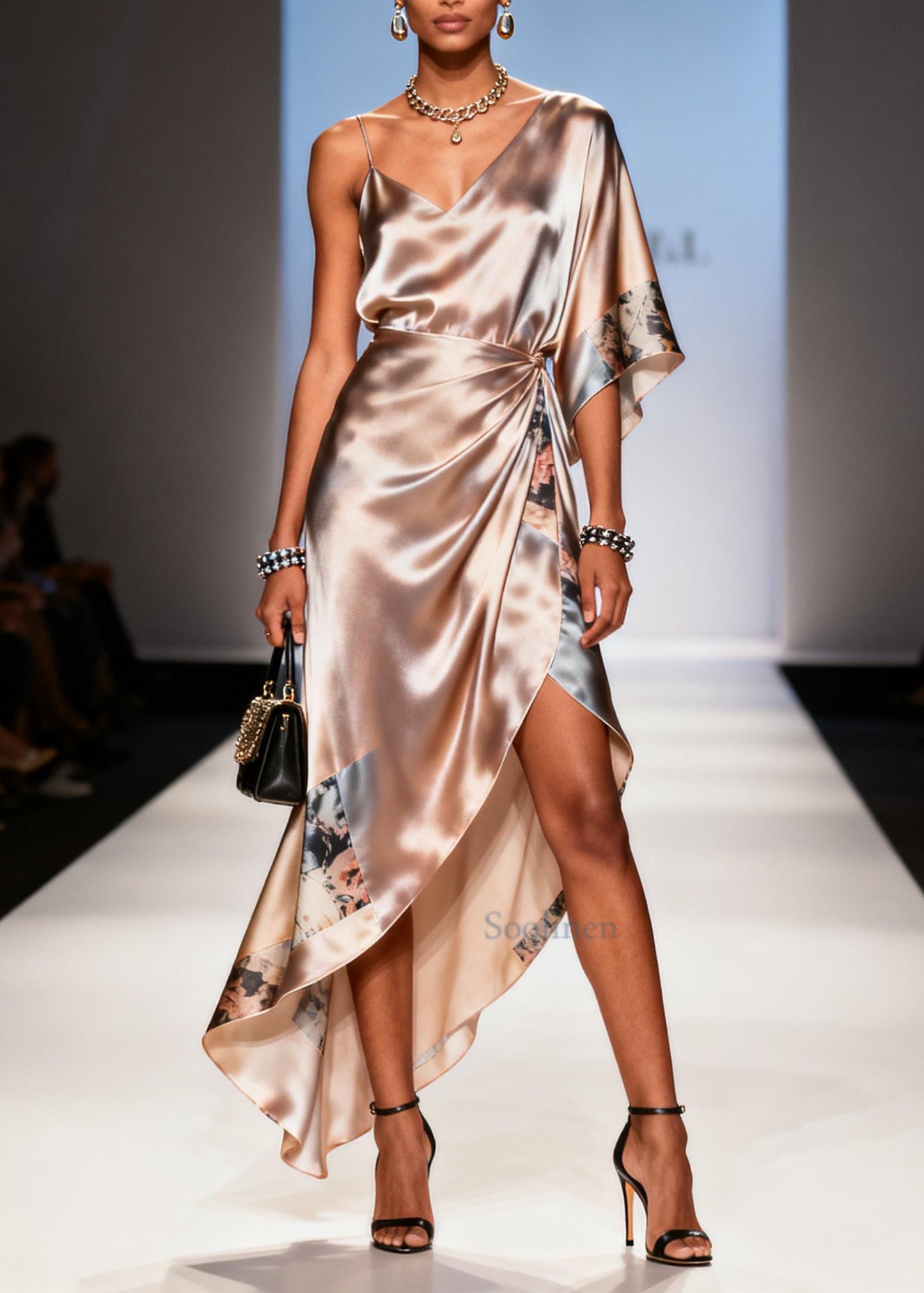 Apricot Asymmetrical Print Chiffon Sundress Summer