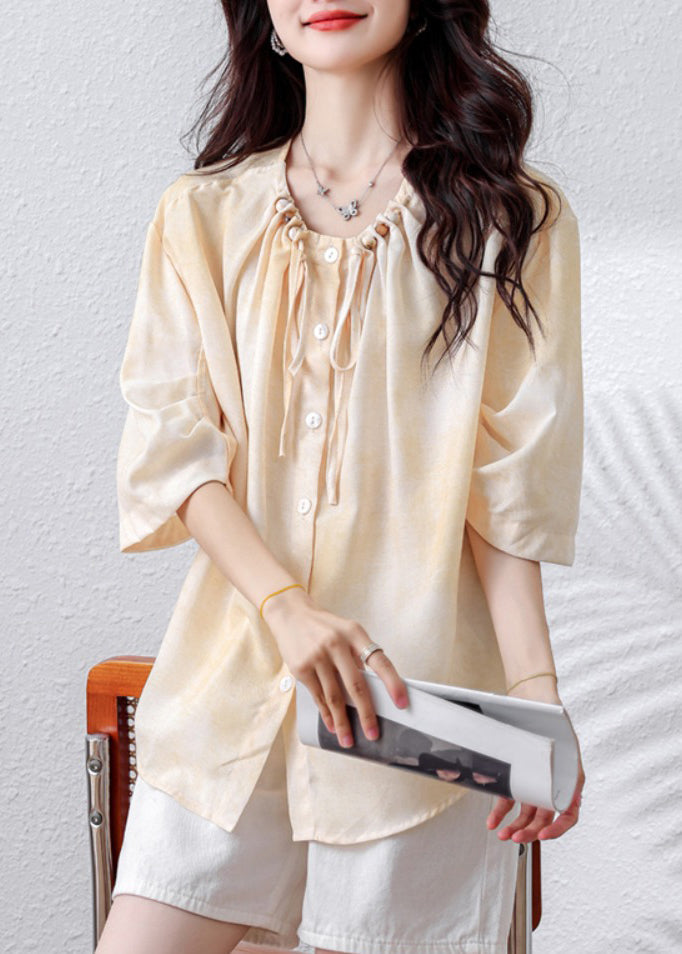 Apricot Drawstring Nail Bead Cotton Blouse Top Half Sleeve