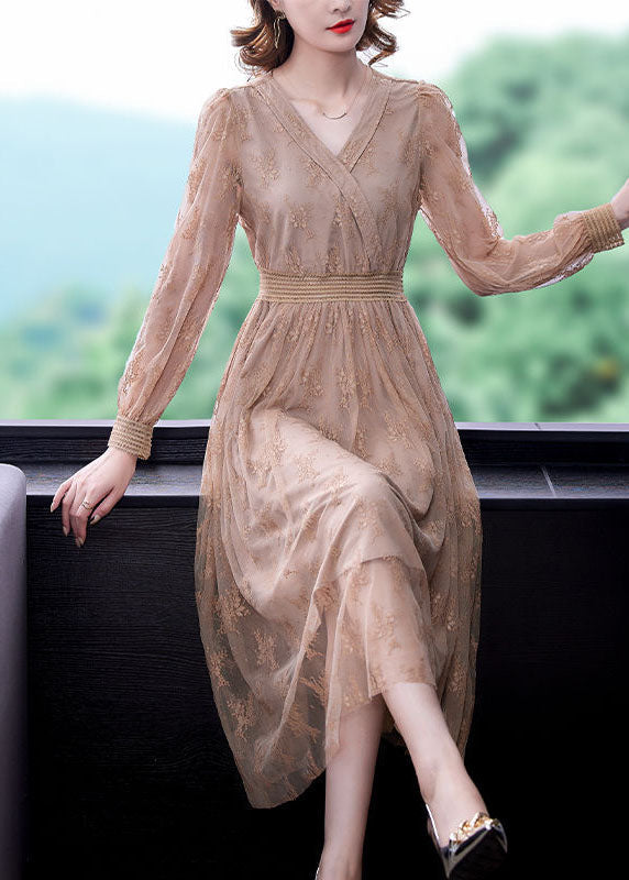 Apricot Elastic Waist Hollow Out Lace Dress Spring